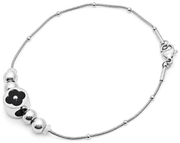 Pulsera de Acero Quirurgico eslabon cola de raton con micro bolitas y dije trebol negro y bolitas 19